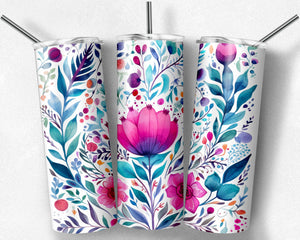 Pink and Teal Watercolor Flowers on White Folk Art Design