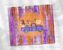 Load image into Gallery viewer, Halloween Gnome in Truck on Purple and Orange Brush Strokes