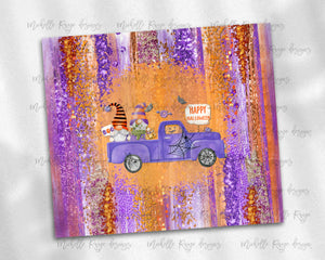 Halloween Gnome in Truck on Purple and Orange Brush Strokes