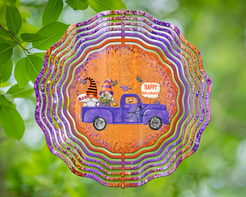Halloween Gnome in Truck on Purple and Orange Brush Strokes Wind Spinner 10