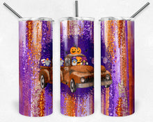 Load image into Gallery viewer, Halloween Gnome in Truck on Purple and Orange Brush Strokes