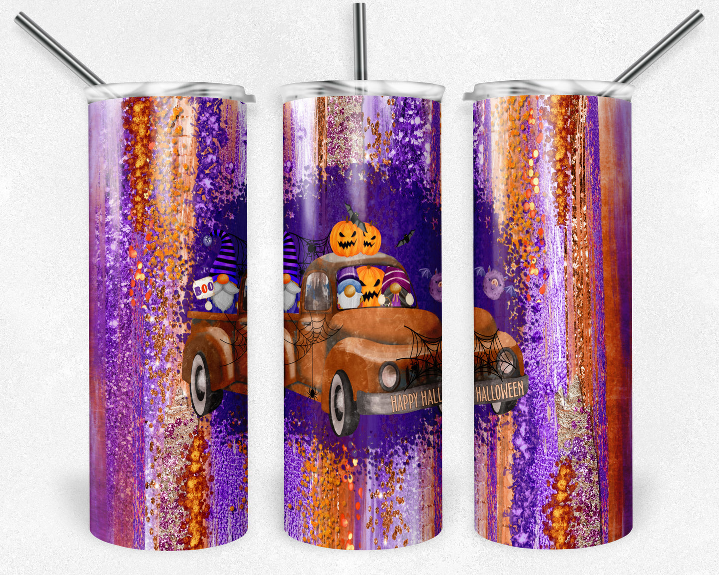 Halloween Gnome in Truck on Purple and Orange Brush Strokes