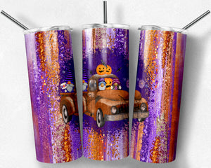 Halloween Gnome in Truck on Purple and Orange Brush Strokes