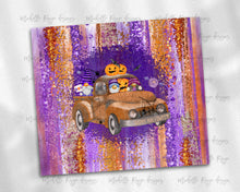 Load image into Gallery viewer, Halloween Gnome in Truck on Purple and Orange Brush Strokes