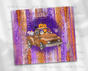 Halloween Gnome in Truck on Purple and Orange Brush Strokes