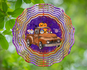 Halloween Gnome in Truck on Purple and Orange Brush Strokes Wind Spinner 10"