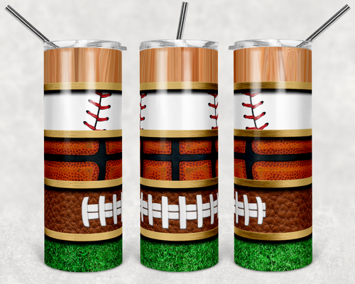 Baseball Basketball and Football with Grass and Wood Grain Stripes