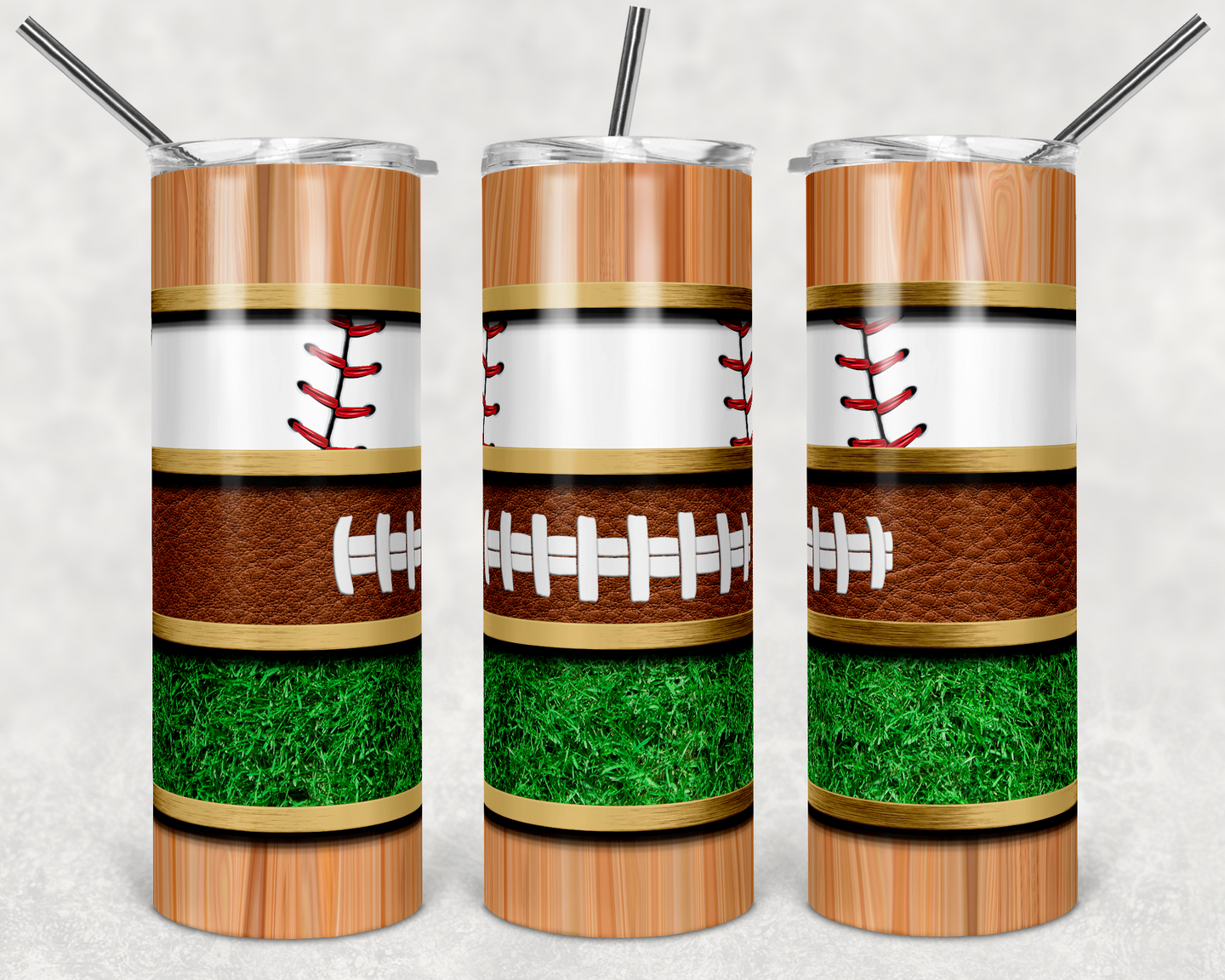 Baseball and Football with Grass and Wood Grain Stripes