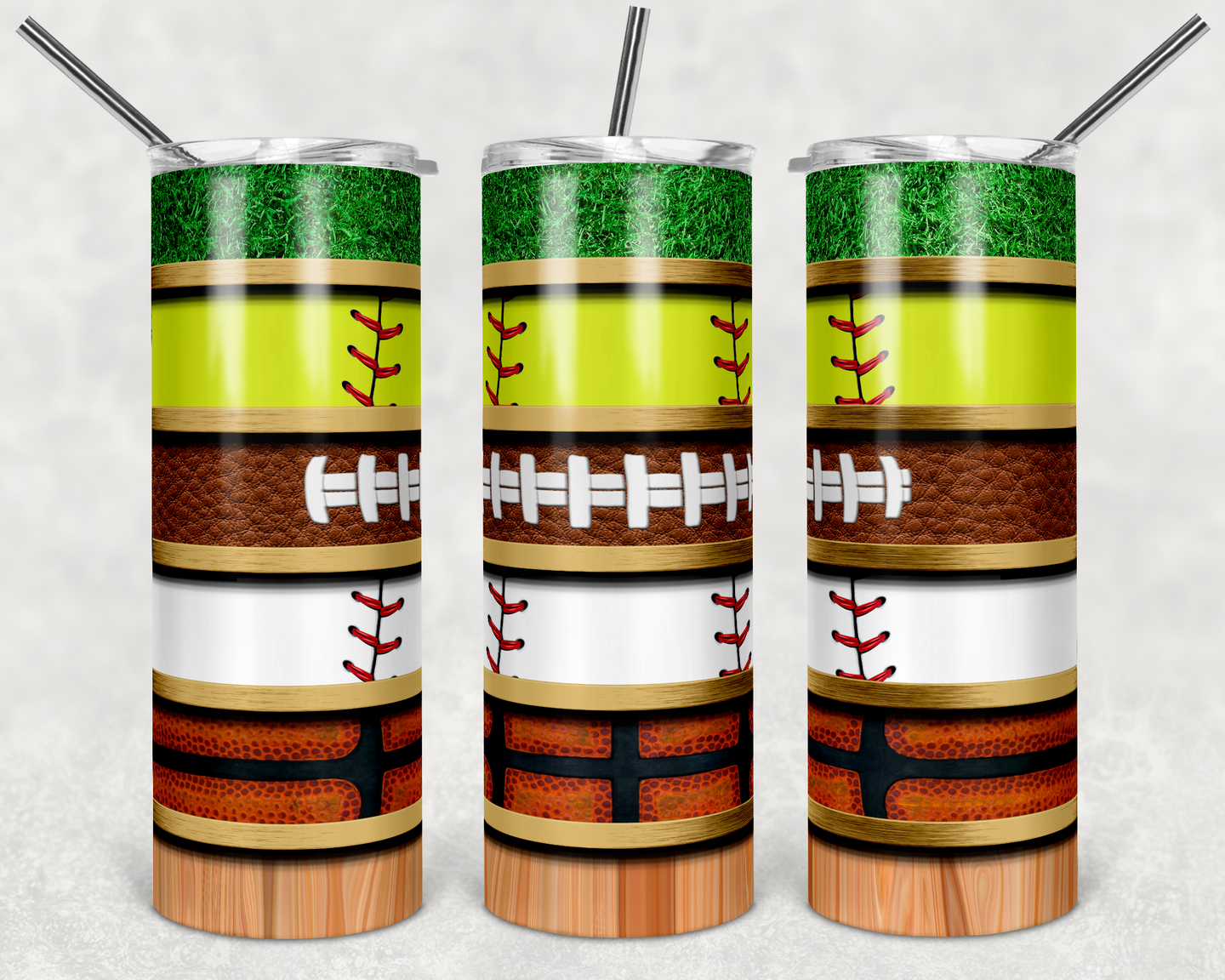 Softball Football Baseball and Basketball with Grass and Wood Grain Stripes