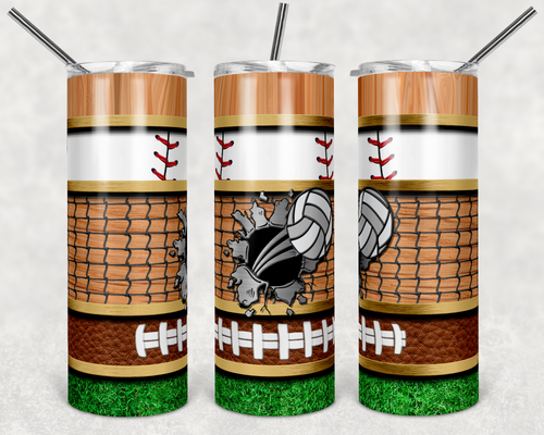 Baseball Volleyball and Football with Grass and Wood Grain Stripes