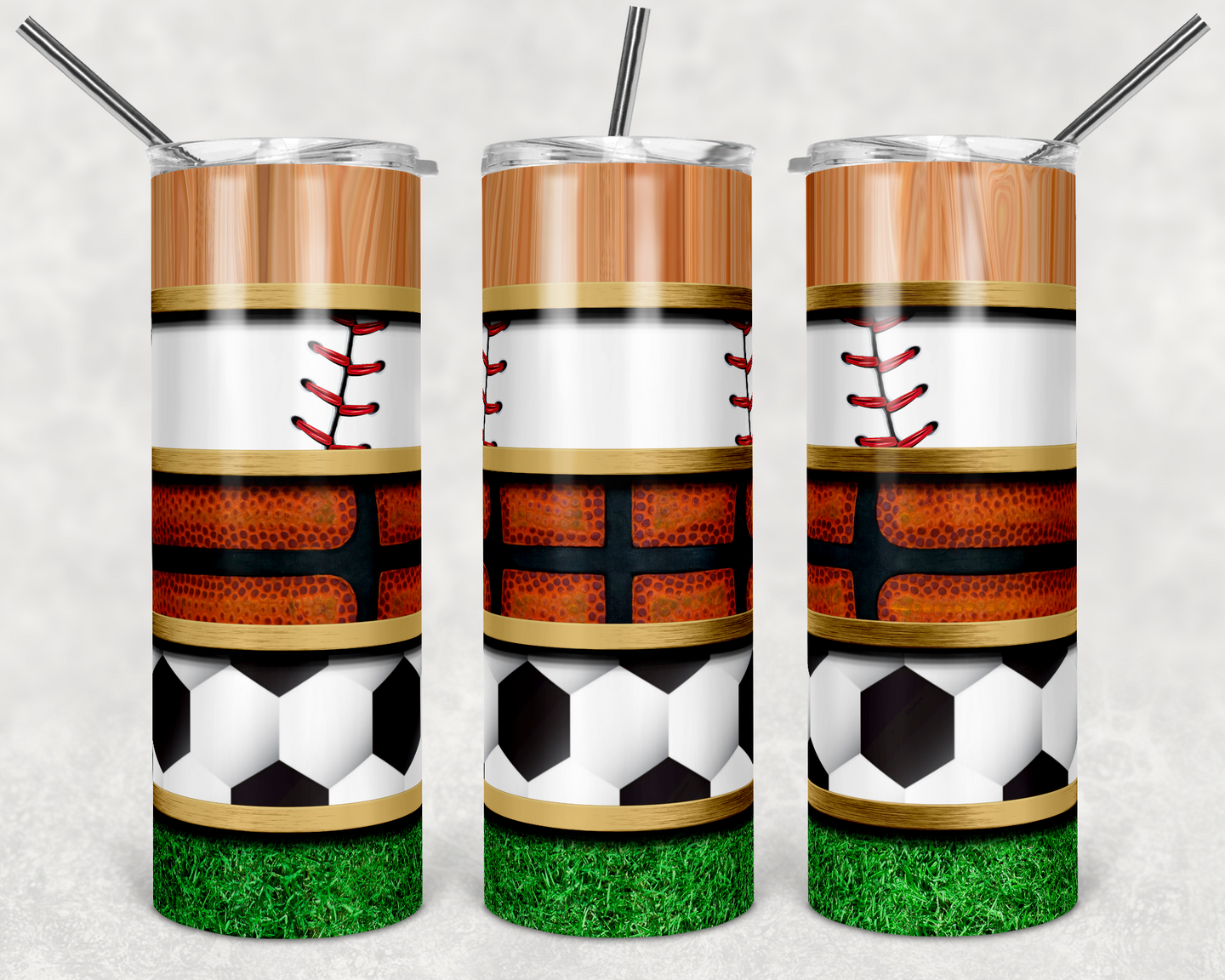 Baseball Basketball and Soccer with Grass and Wood Grain Stripes