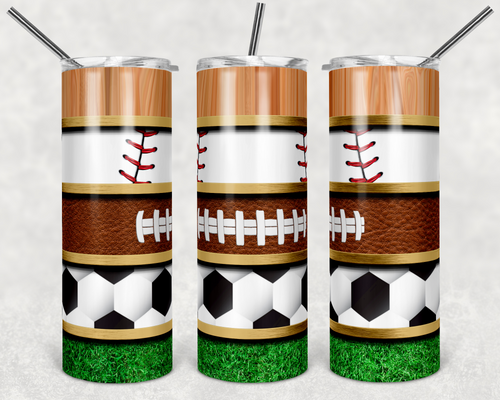 Baseball Soccer and Football with Grass and Wood Grain Stripes