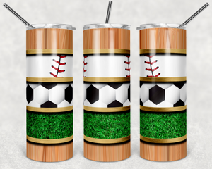 Baseball and Soccer with Grass and Wood Grain Stripes