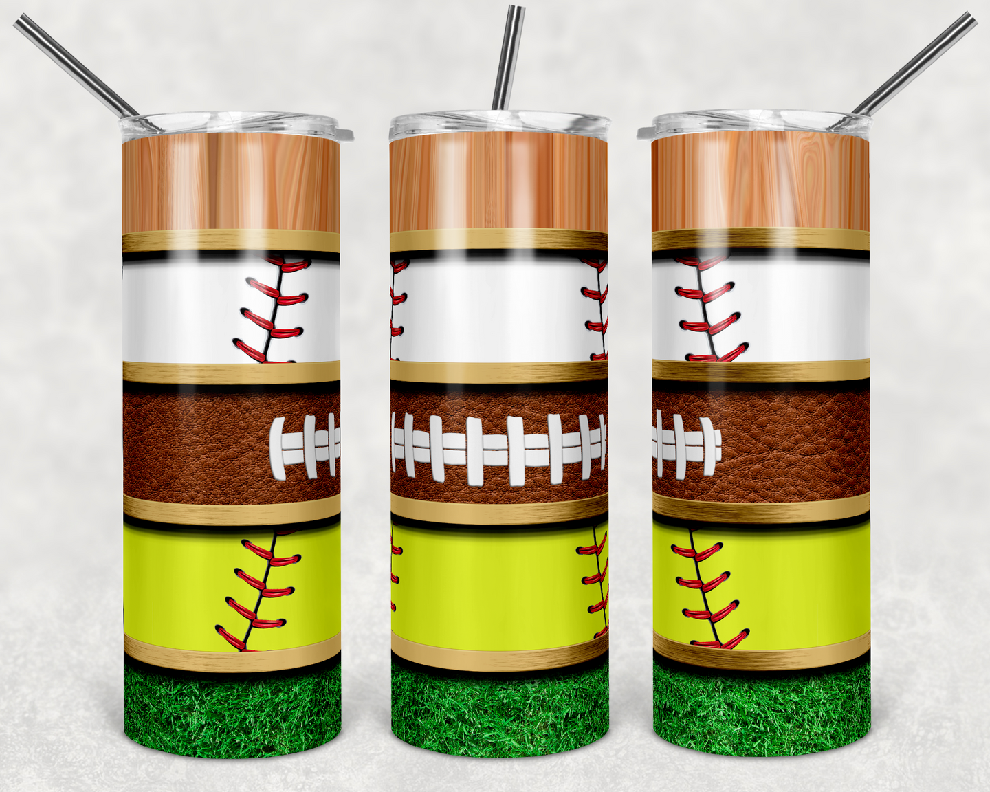Baseball Softball and Football with Grass and Wood Grain Stripes