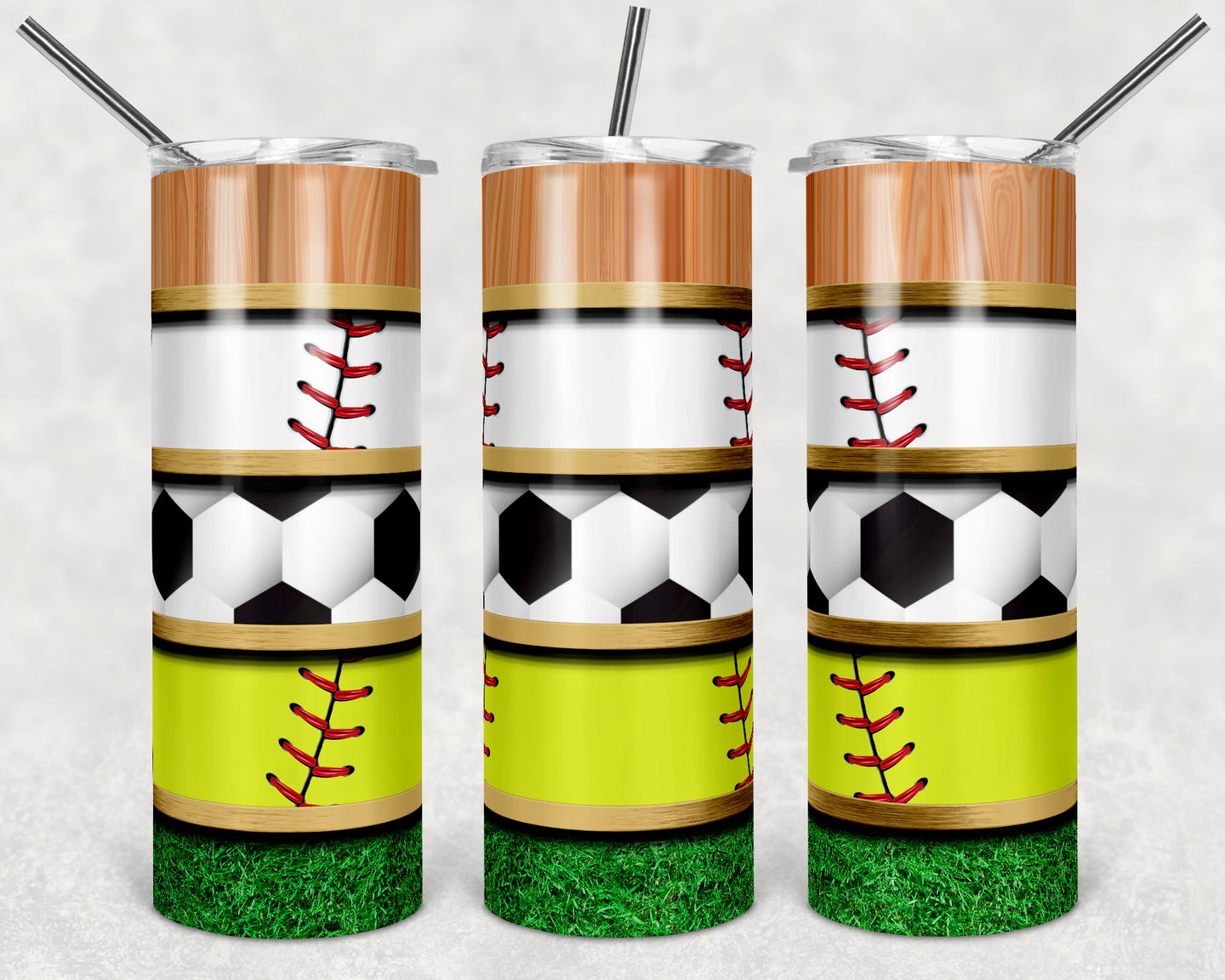 Baseball Softball and Soccer with Grass and Wood Grain Stripes