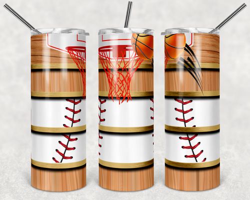 Baseball and Basketball hoop on Wood Grain Stripes