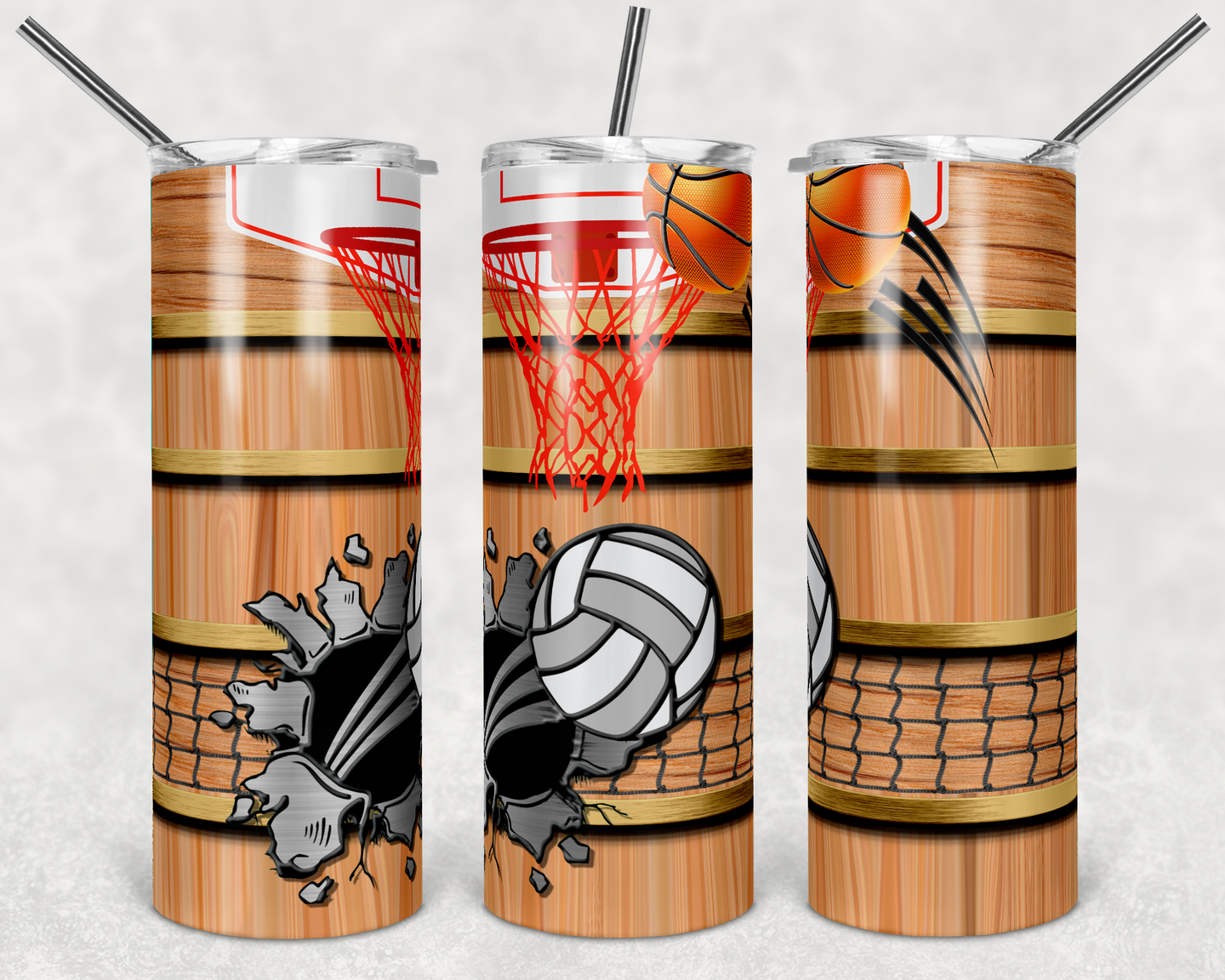 Basketball Hoop and Volleyball Net on Wood Grain Stripes