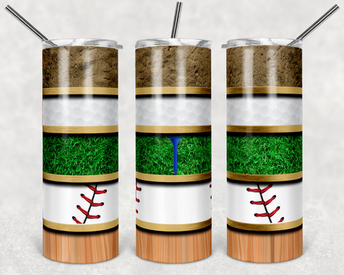 Baseball and Golf on Wood Grain and grass