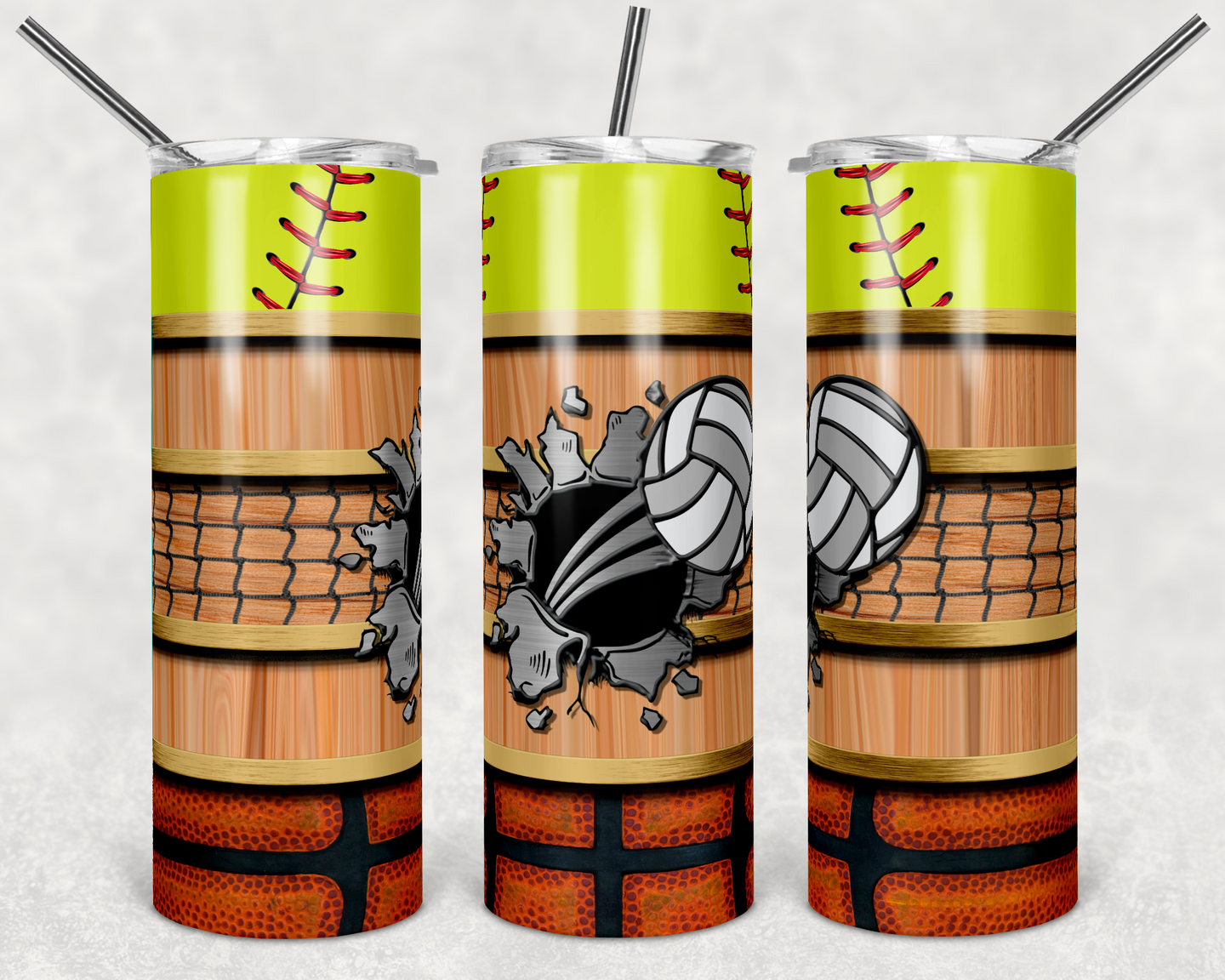 Softball Basketball and Volleyball with Wood Grain Stripes