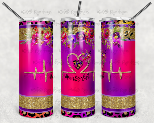 Nurse Life Pink Purple Floral Glitter Leopard Print