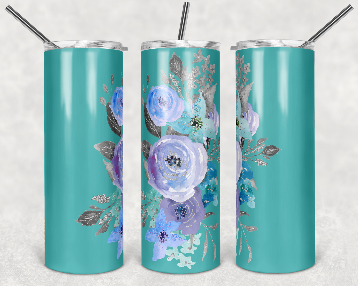 Purple and Silver Flowers on Teal