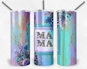 MAMA Purple Teal Flowers and Wood Watercolor