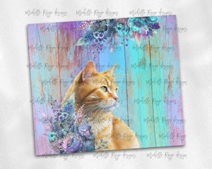 Purple Teal Cat and Flowers Watercolor