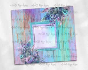 Purple Teal Flowers Frame with Place for Picture Watercolor