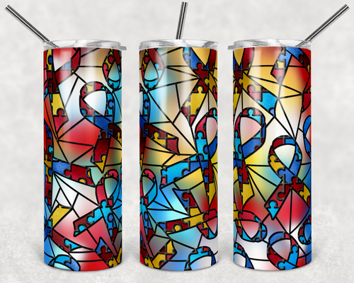 Red Yellow Blue Autism Puzzle Ribbon Awareness Stained Glass