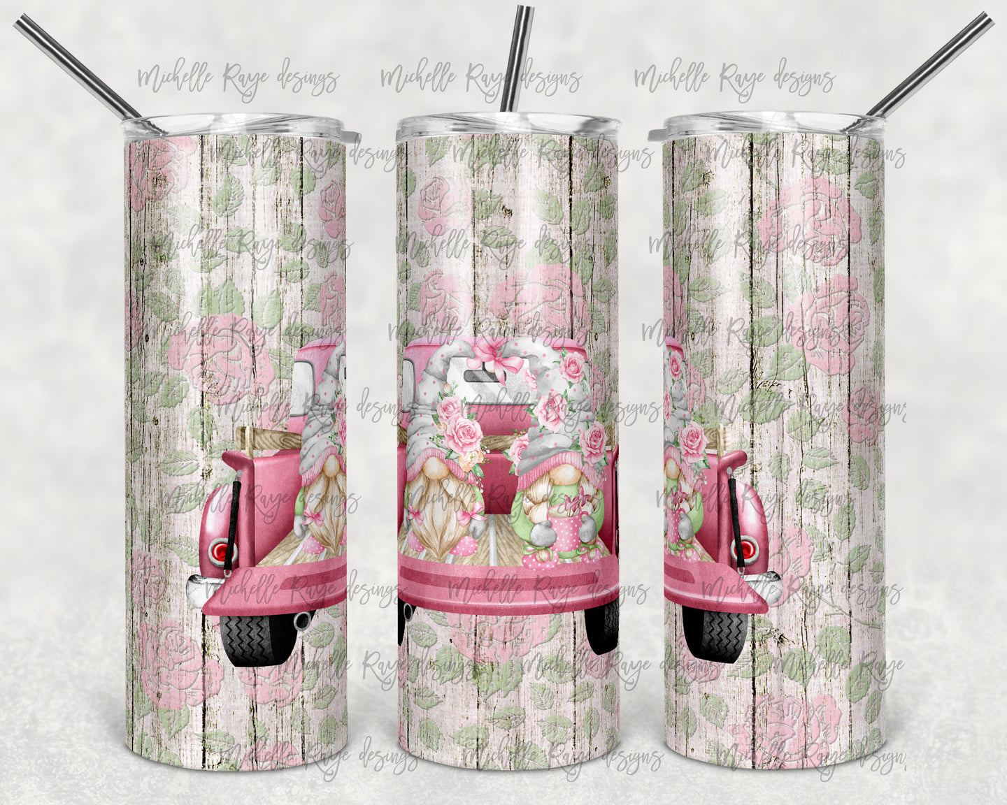Shabby Chic Pink Rose Gnomes in Vintage Truck