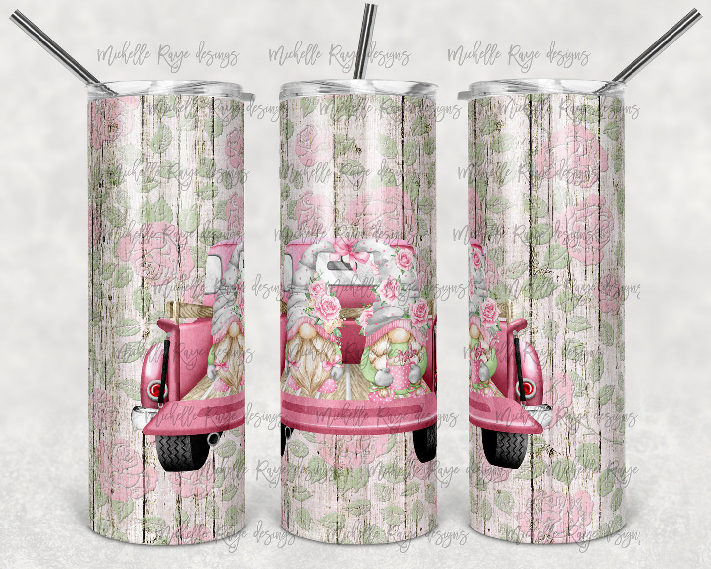 Shabby Chic Pink Rose Gnomes in Vintage Truck