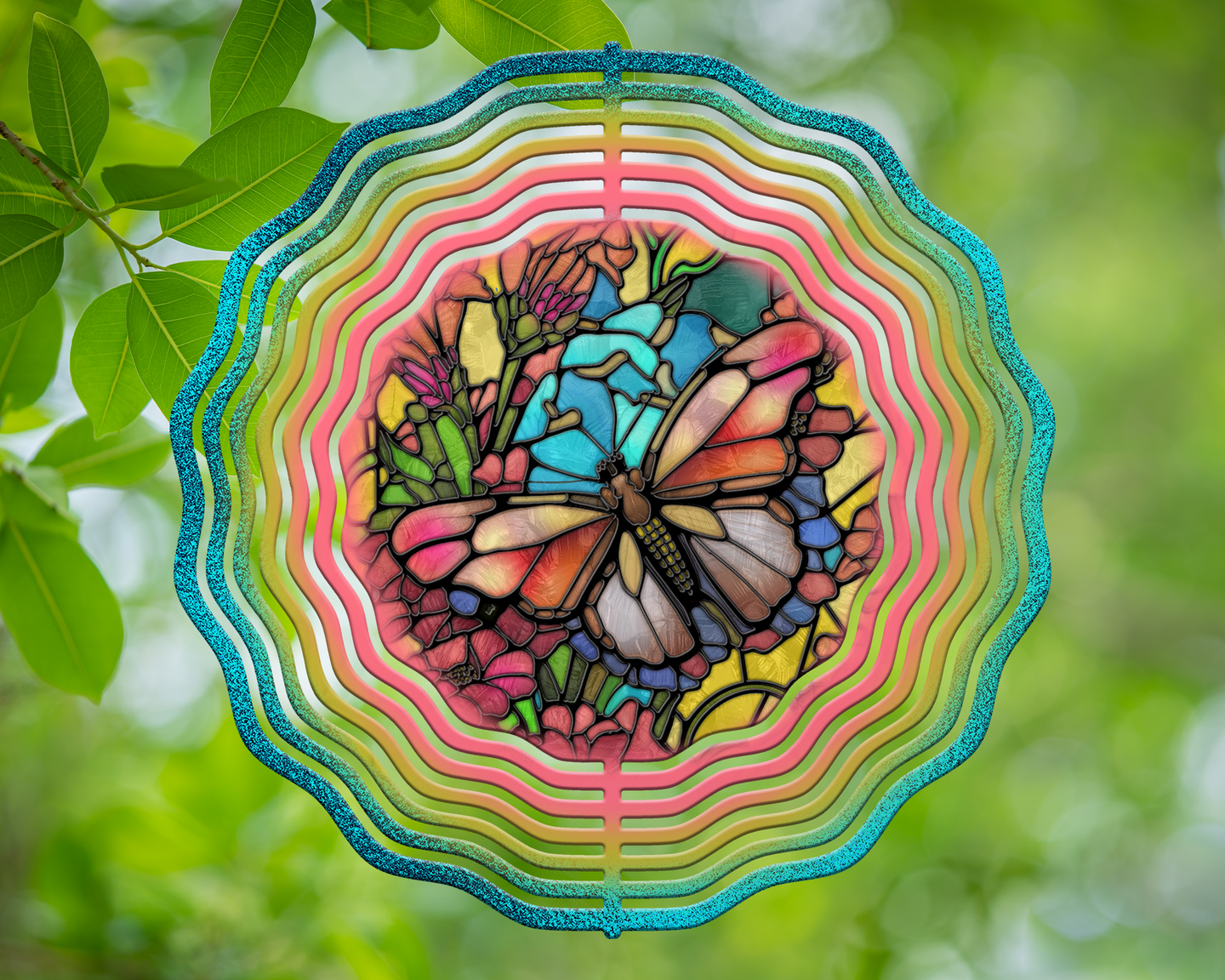 Floral Butterfly Stained Glass Wind Spinner 10