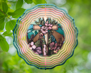 Floral Cross Stained Glass Wind Spinner 10"