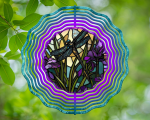 Floral Dragonfly Stained Glass Wind Spinner 10"