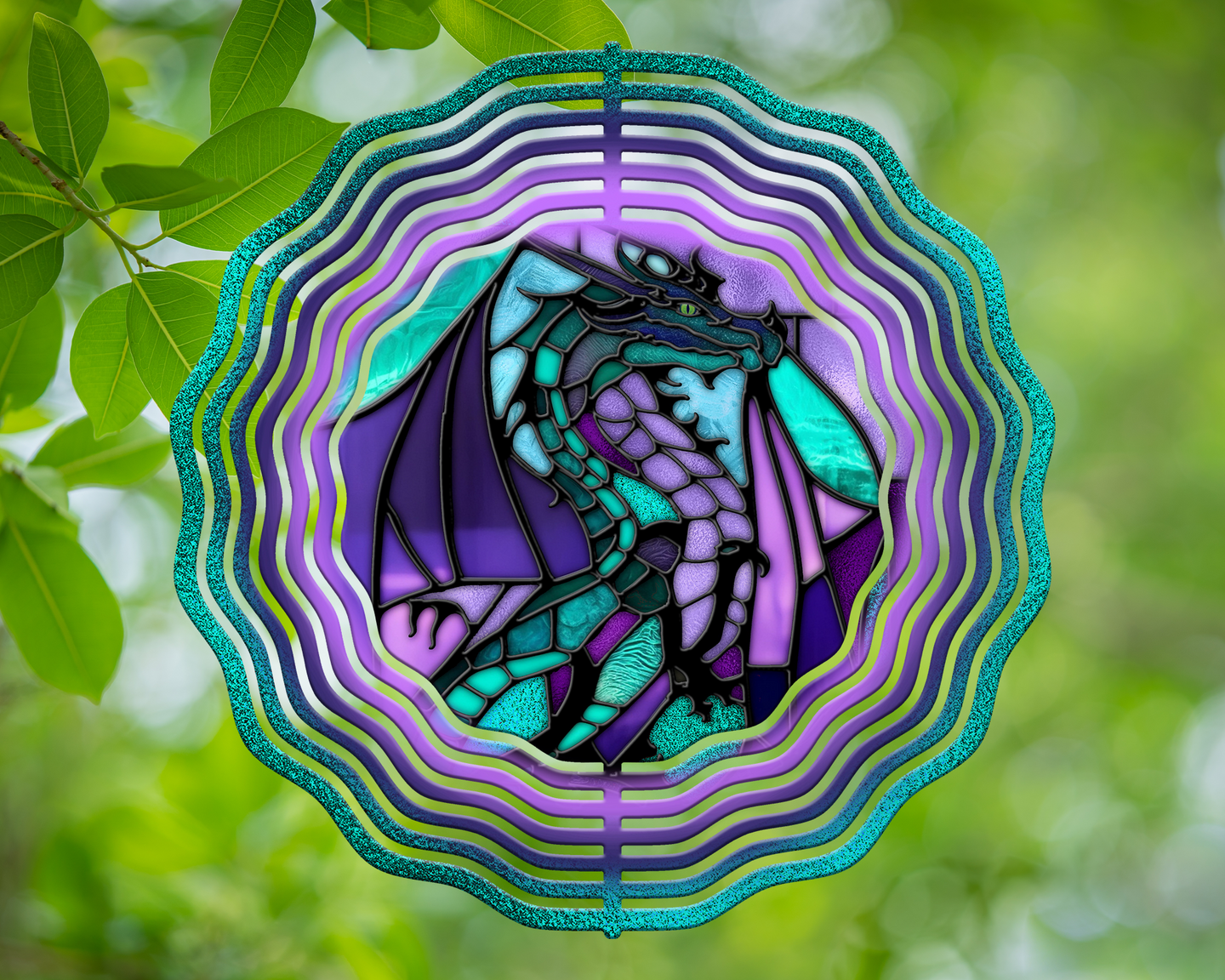 Purple and Teal Dragon Stained Glass Wind Spinner 10