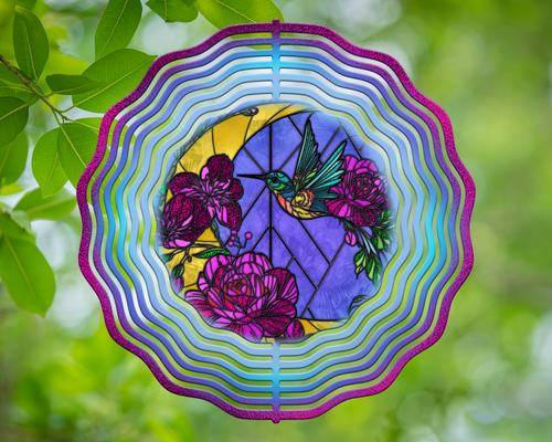 Floral Moon and Hummingbird Stained Glass Wind Spinner 10