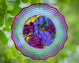 Floral Moon and Hummingbird Stained Glass Wind Spinner 10"