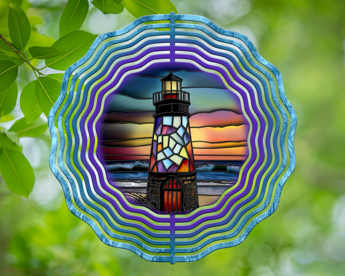Lighthouse Sunset Stained Glass Wind Spinner 10