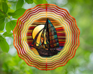 Sailboat with Bright Sunset Stained Glass Wind Spinner 10"