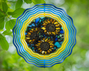 Blue Sunflowers Stained Glass Wind Spinner 10"