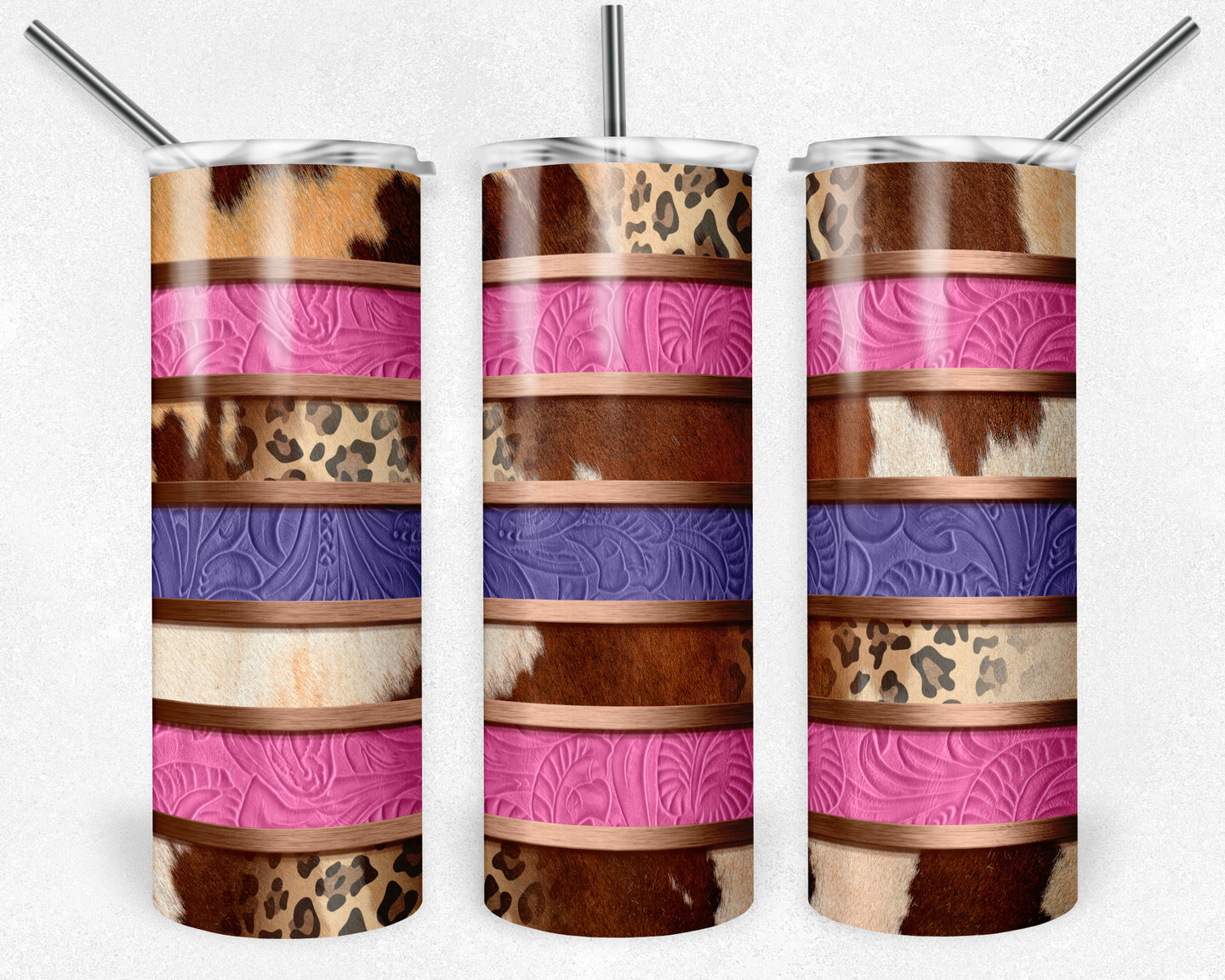 Cowhide Leopard Print Pink and Purple Tooled Leather Stripes