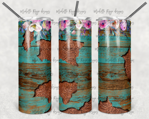Flowers Teal Wood Tooled Leather  Peek A Boo