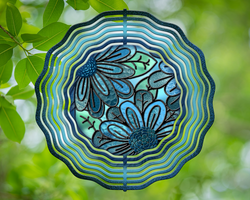 Moms Teal Flowers Stained Glass Wind Spinner 10