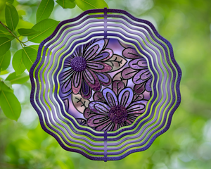 Moms Purple Pink Flowers Stained Glass Wind Spinner 10"