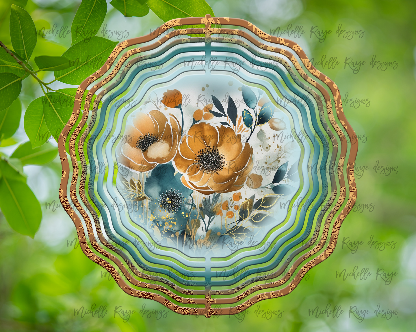 Boho Teal and Gold Watercolor Wind Spinner