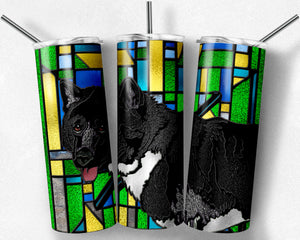 Akita Black and White Dog Stained Glass