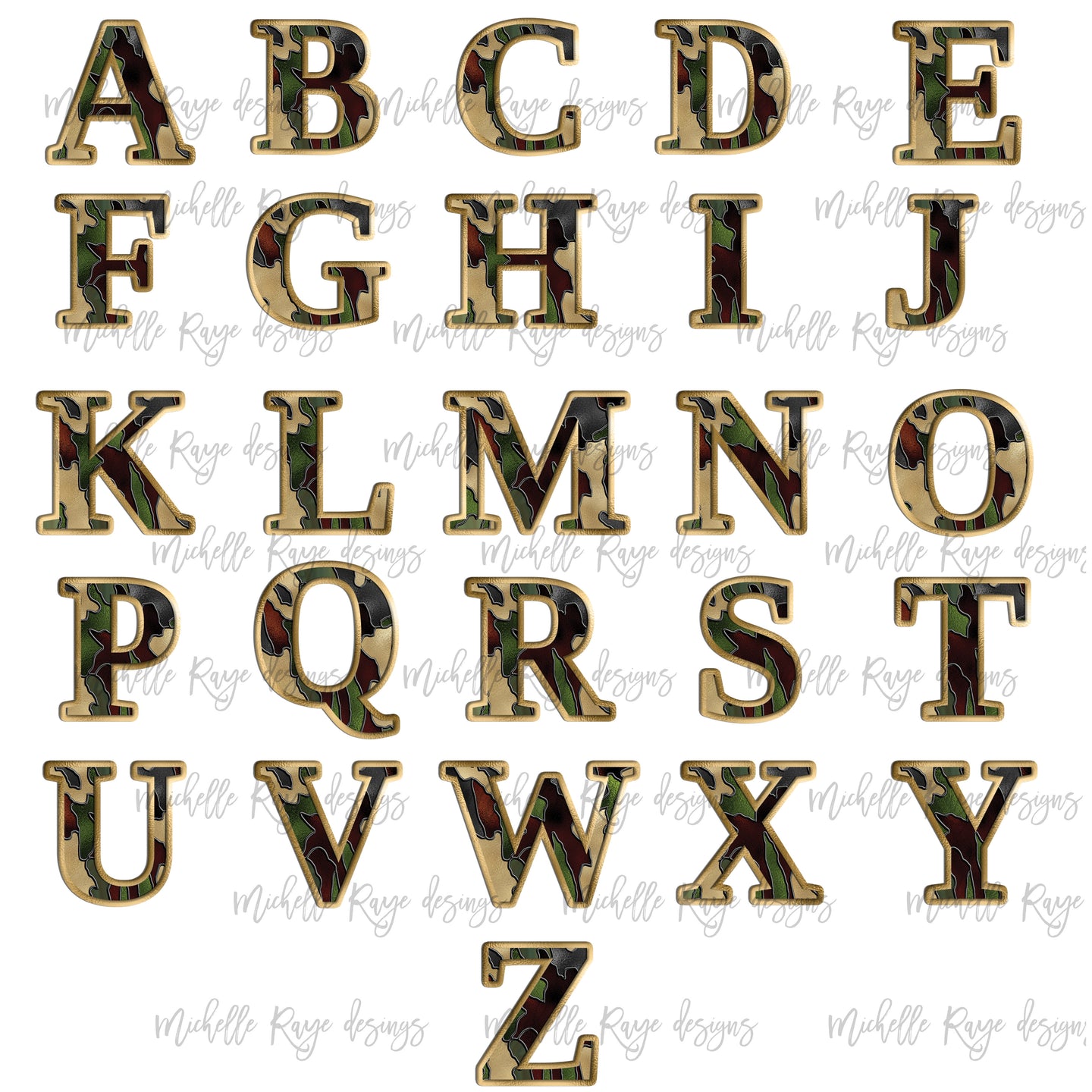 Stained Glass Camo Alphabet with Tan Border
