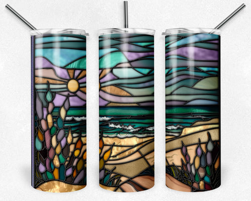 Pastel Beach Sunset Scene Stained Glass