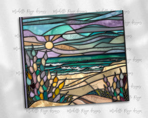Pastel Beach Sunset Scene Stained Glass