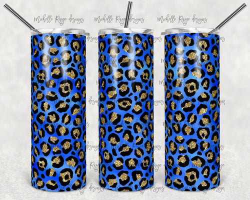 Blue Metallic Foil and Gold Glitter Leopard Print